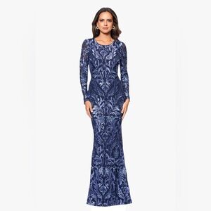 Xscape Navy Sequin Embroidered Long Sleeve Gown NWT Size 12 MODEST Eveing Formal